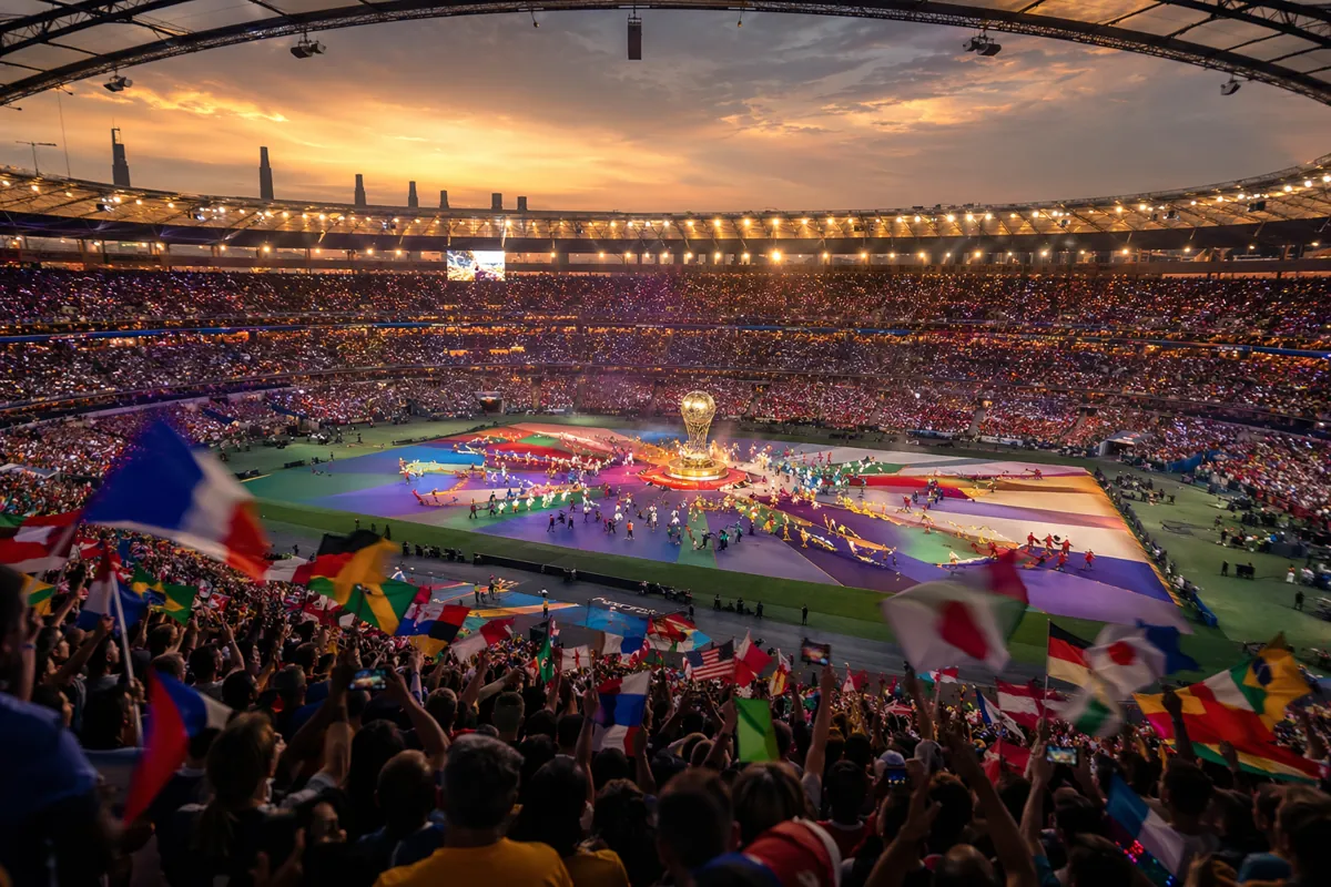 Wide shot of a packed world cup football stadium at dusk, colorful stage setup on the pitc