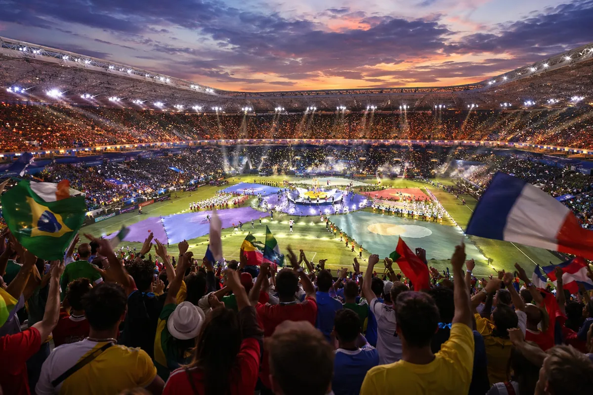 Professional sports news header image, wide shot of a packed FIFA World Cup opening ceremo
