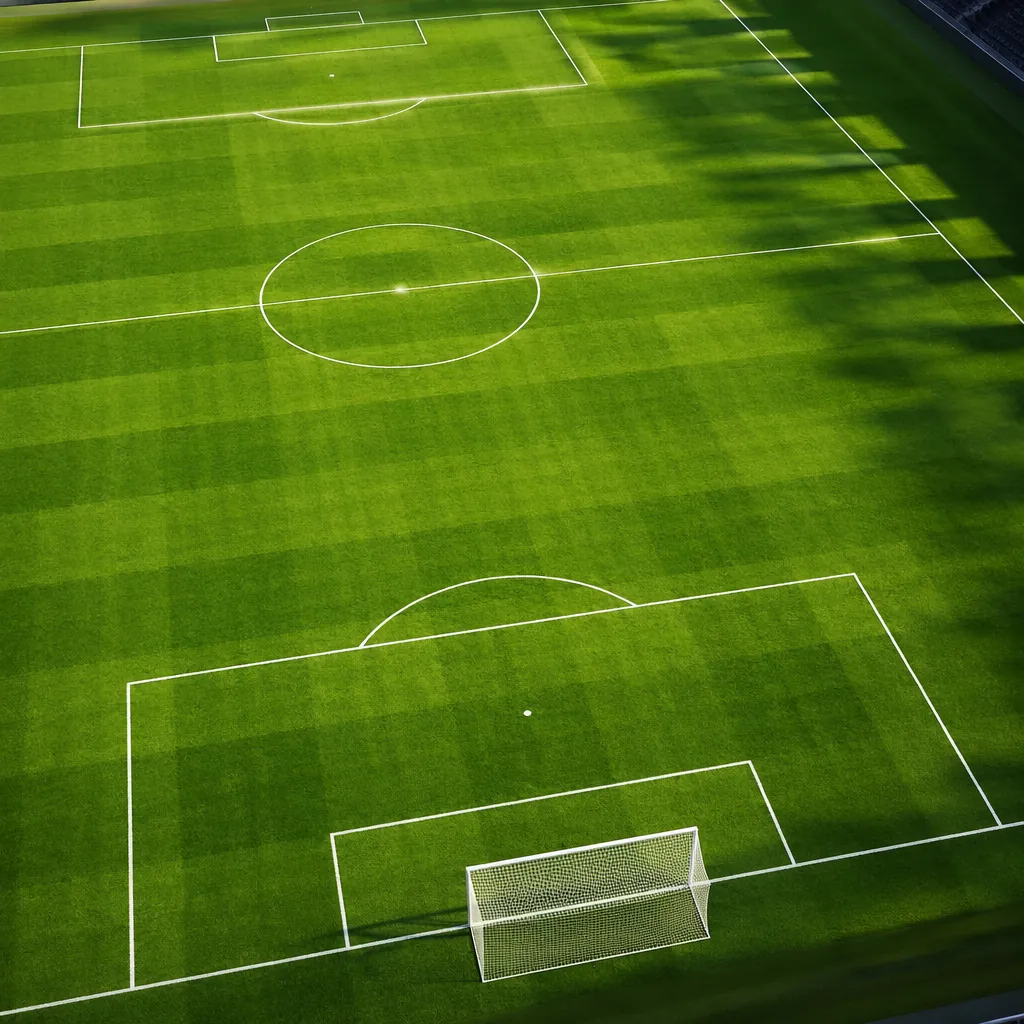 High angle shot of a clean modern football pitch with perfectly trimmed grass, s