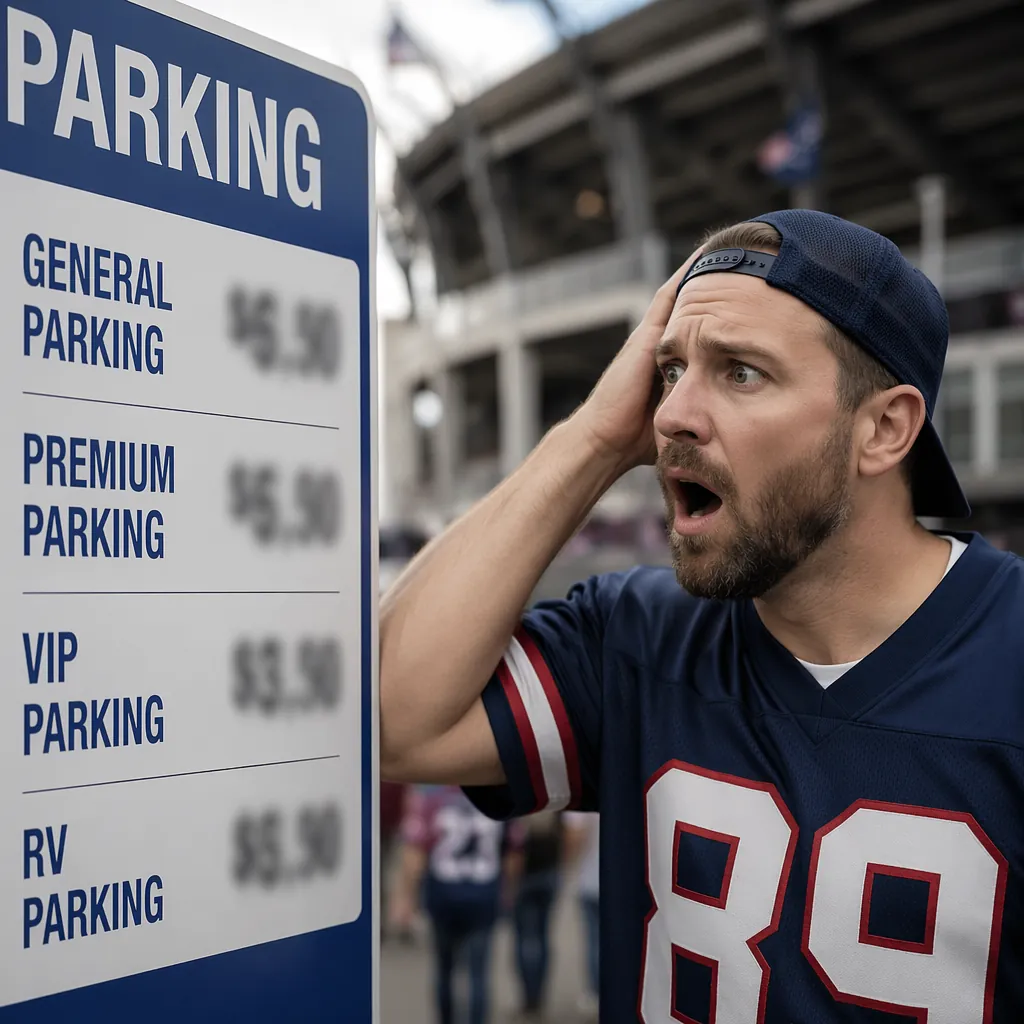 Close up of a parking price sign outside a football stadium, with blurred numeri