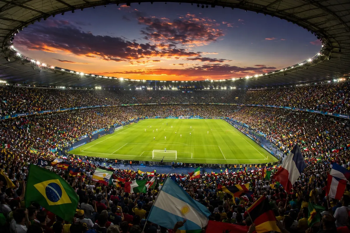 Wide shot of a packed World Cup football stadium at dusk, with colorful national flags wav