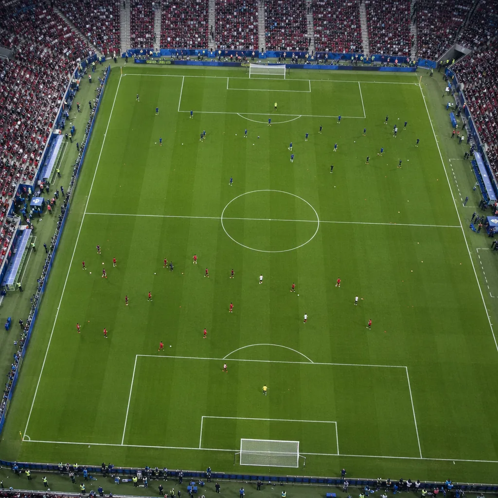 Aerial view of a modern World Cup football pitch with players in generic uniform