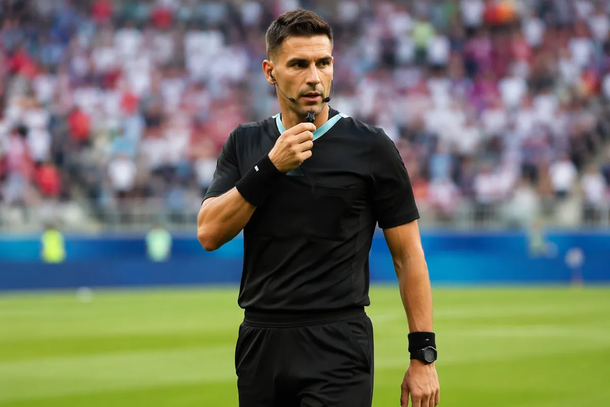 Professional sports news header image, a soccer referee in official uniform holding a whis