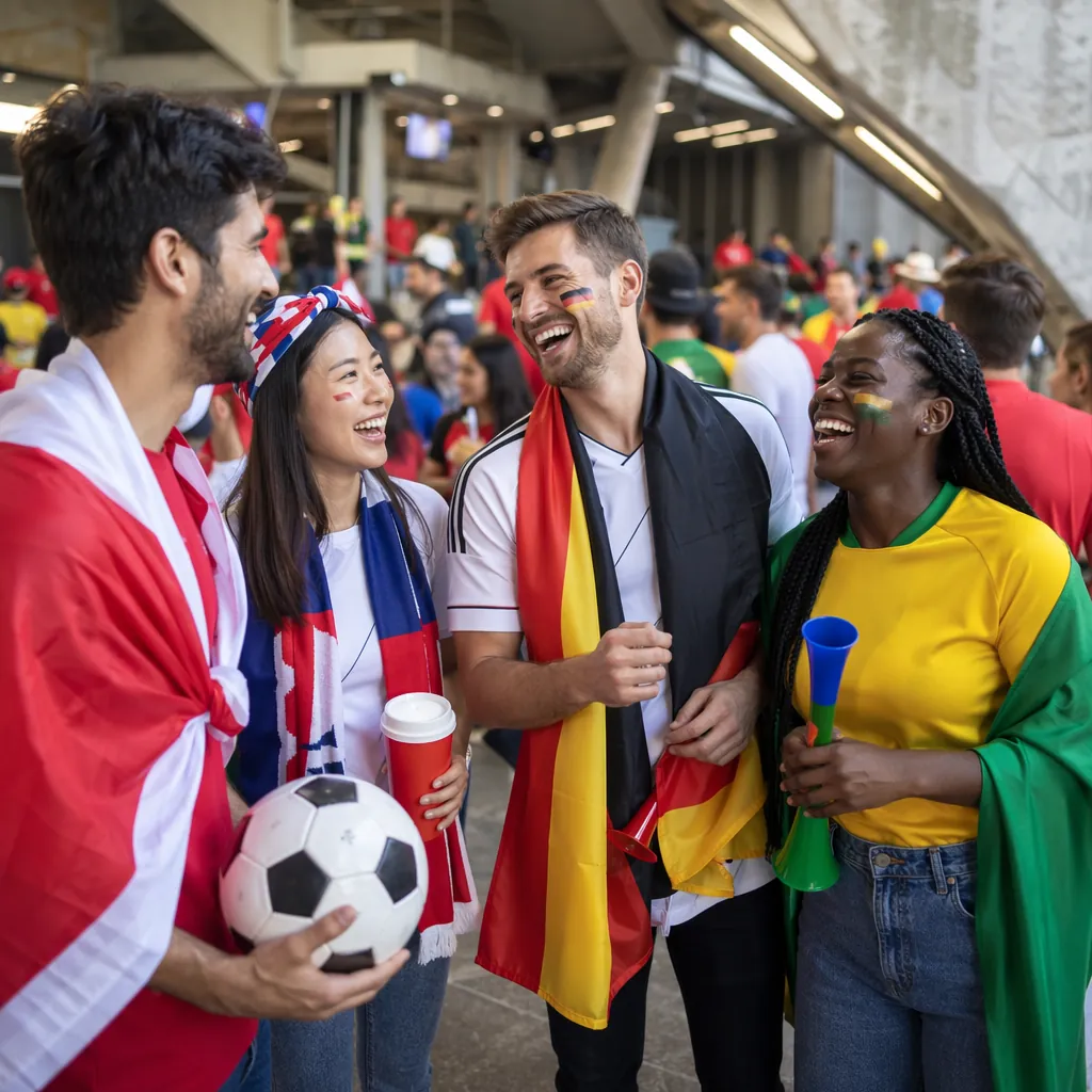Soccer fans from various countries laughing and interacting in a stadium concour
