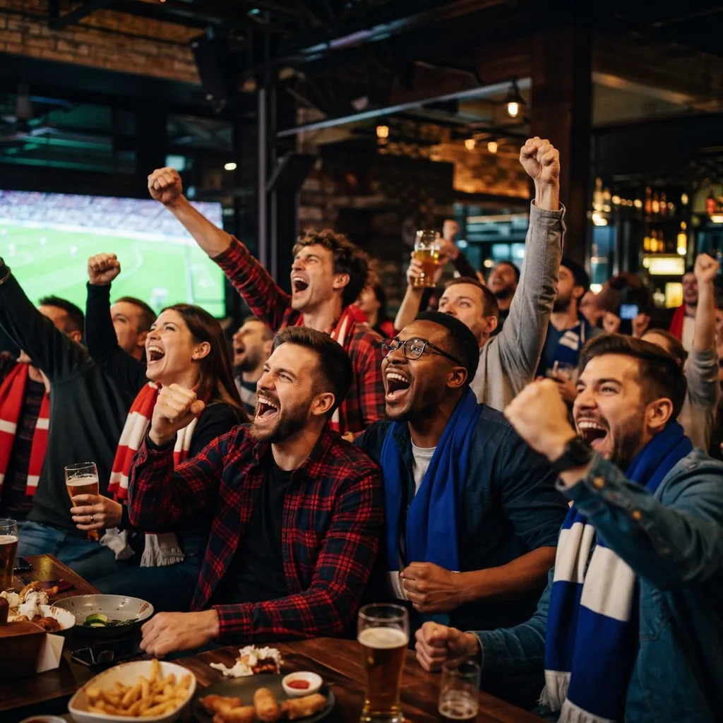 Wide shot of football fans watching a match in a sports bar, holding drinks and