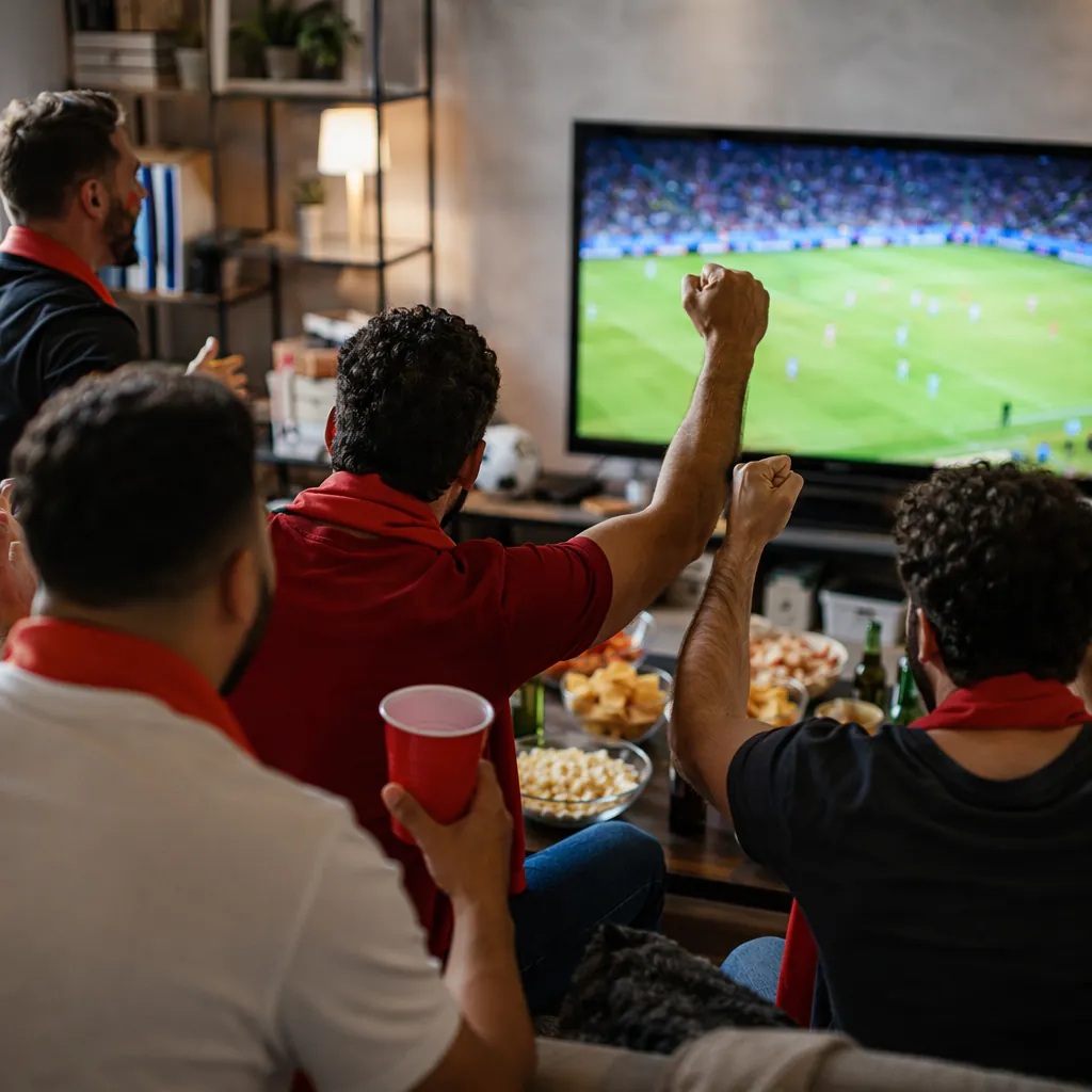 Group of football fans watching a World Cup match on TV at home, holding snacks