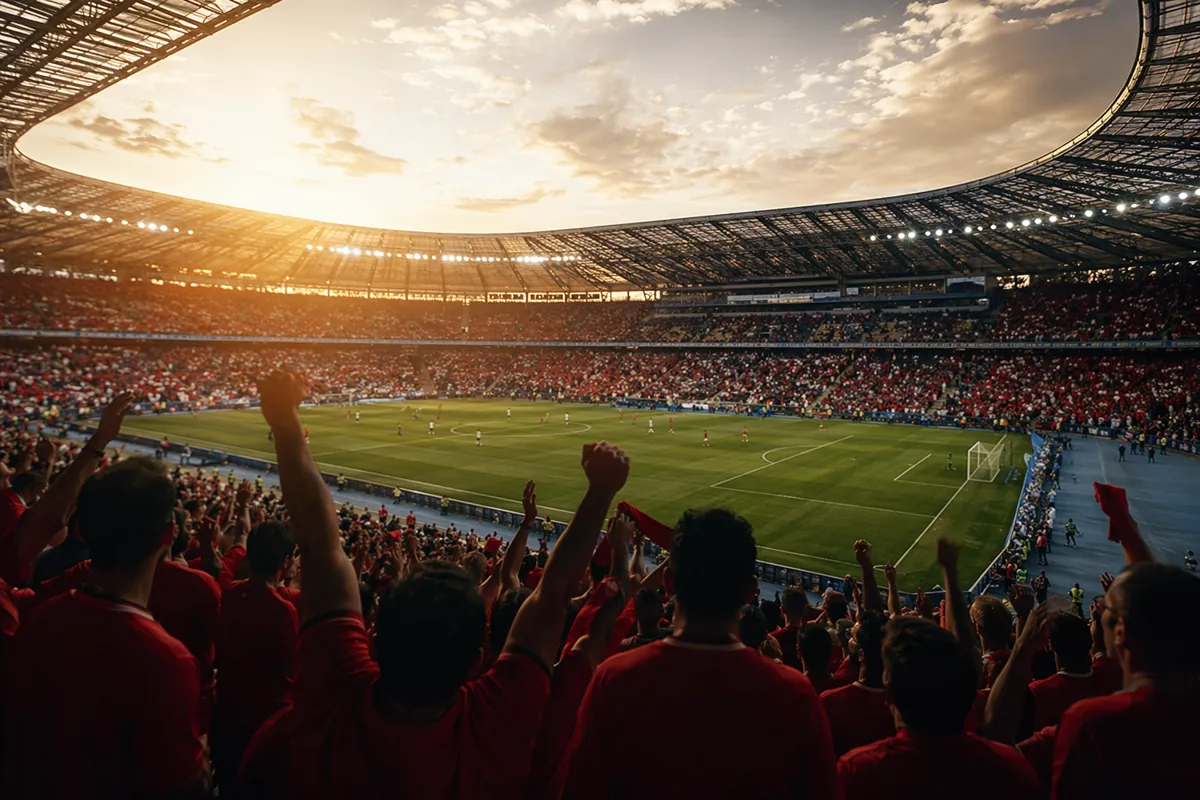 Wide shot of a modern football stadium at dusk, with blurred crowd of fans wearing red jer