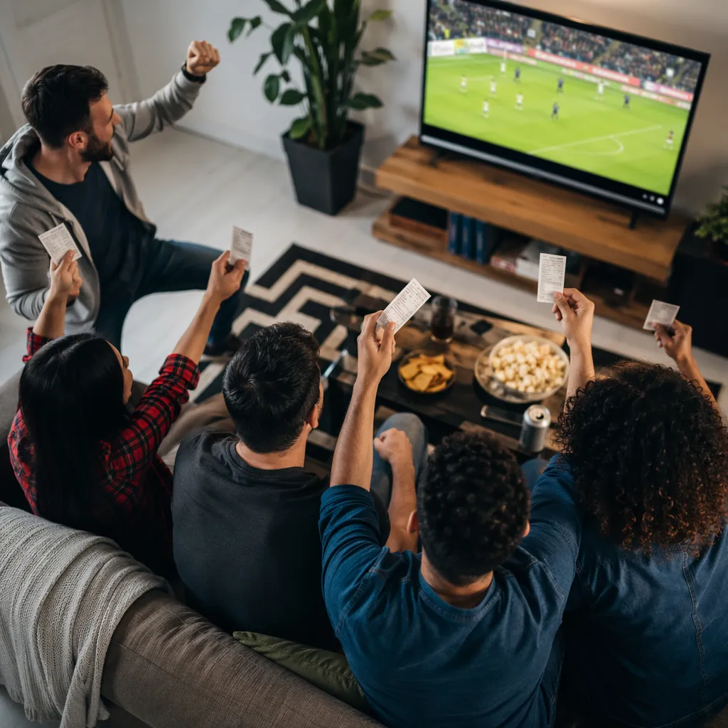 High angle shot of a group of friends gathering around a TV showing a football m