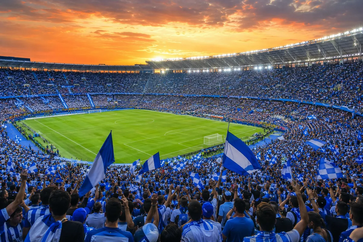 Wide shot of a packed world cup football stadium at sunset, vibrant crowd in blue and whit