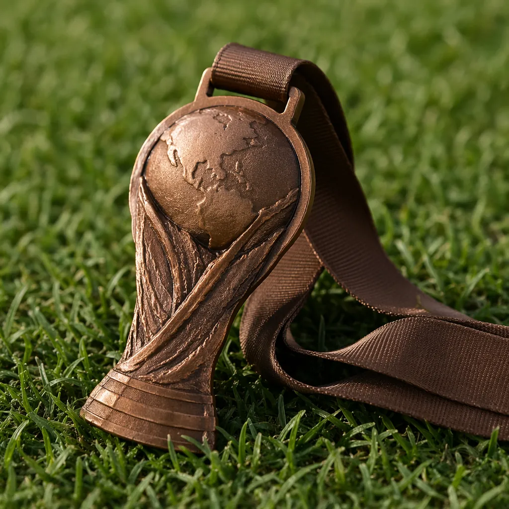 Close up of a world cup bronze medal on a green football pitch, soft natural lig