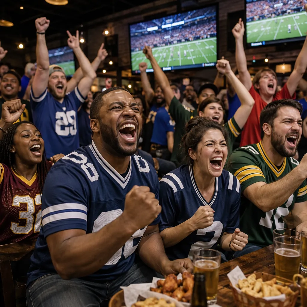 Wide shot of football fans cheering in a sports bar, wearing generic football je