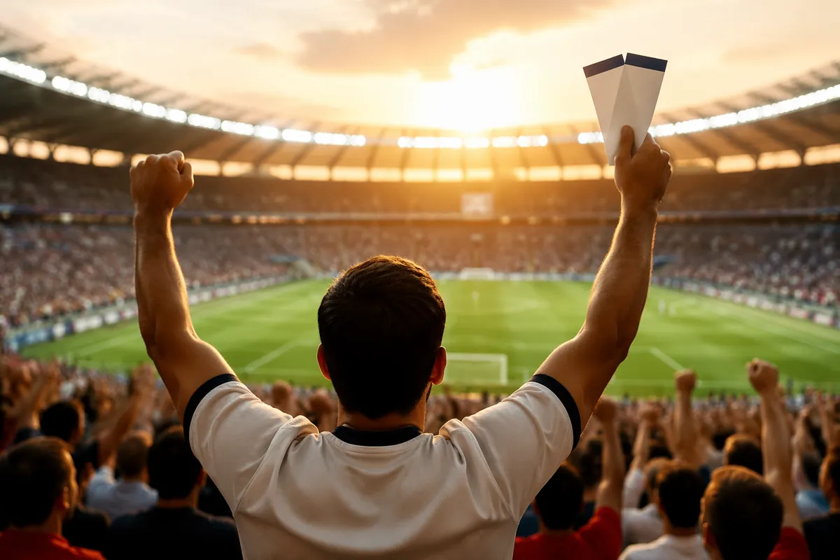 Two generic world cup paper tickets held by a cheering fan in a plain football jersey, blu