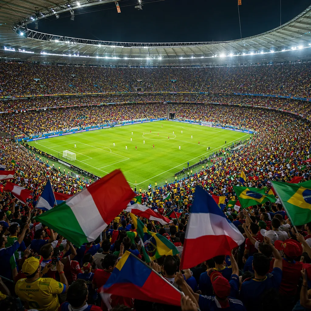 Wide shot of a packed World Cup stadium during a group stage match, fans waving