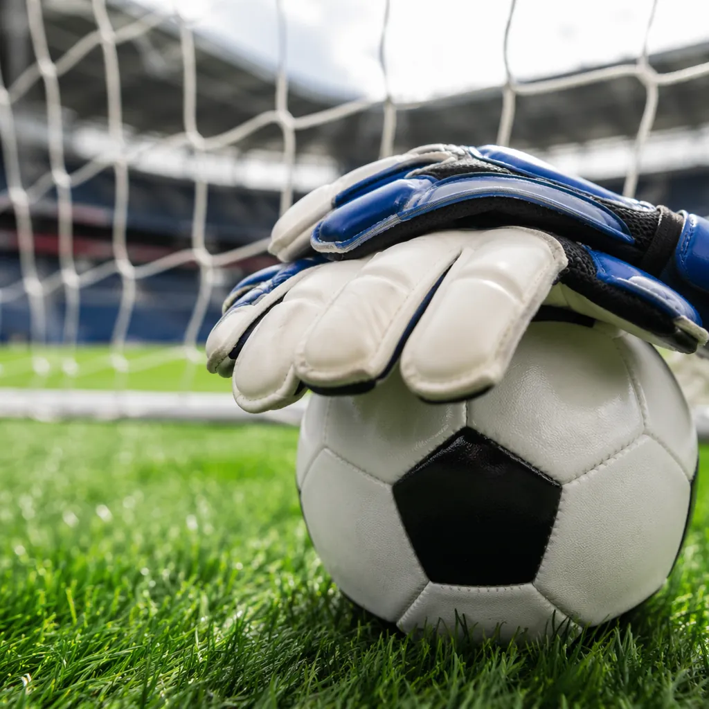Close up of goalkeeper gloves resting on a soccer ball next to a generic goal ne