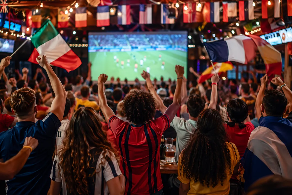 Wide shot of a vibrant football viewing party with diverse cheering fans, colorful nationa