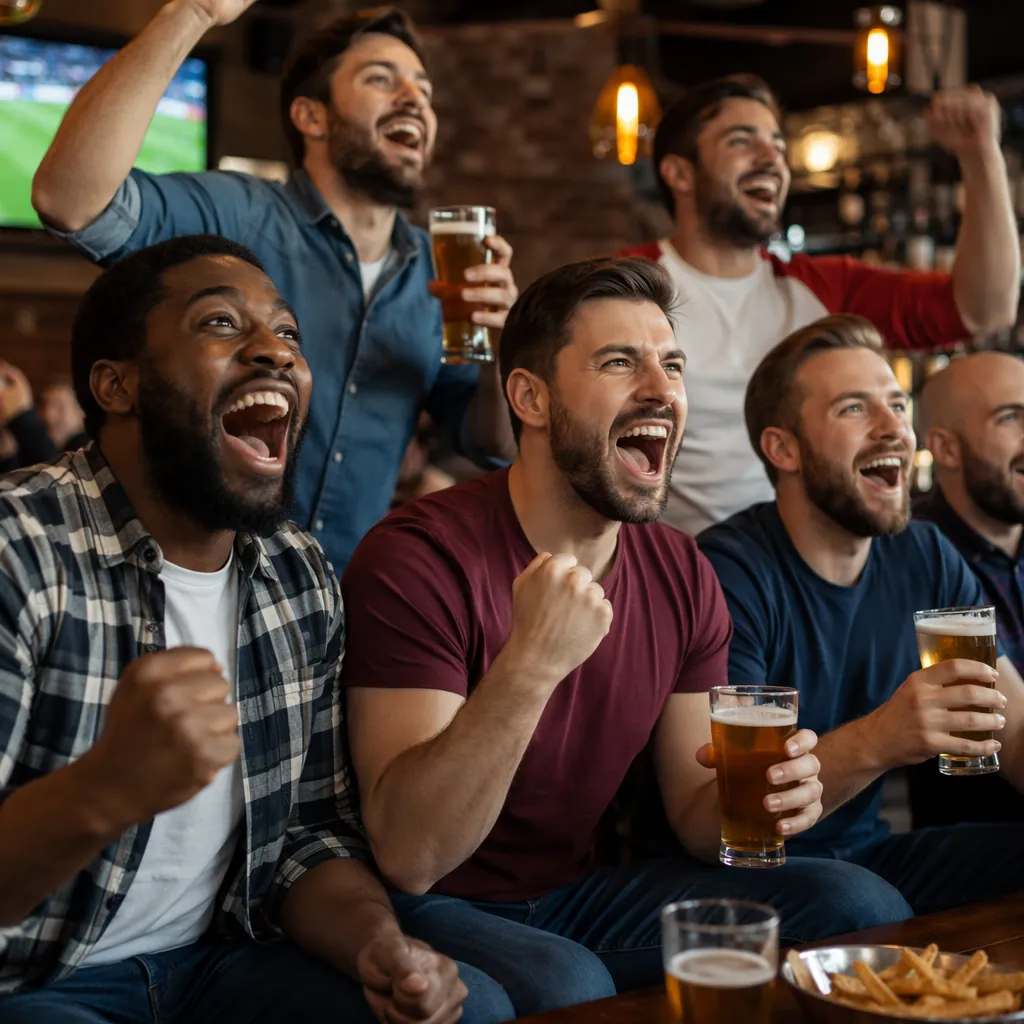 Group of casual football fans watching a match together in a cozy sports bar, ho