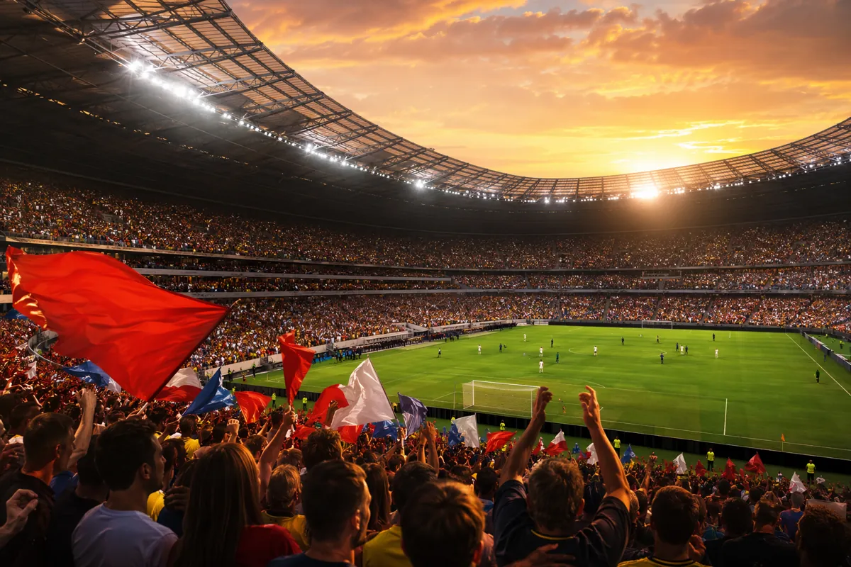Wide shot of a modern generic football stadium at golden hour, with colorful crowd of fans
