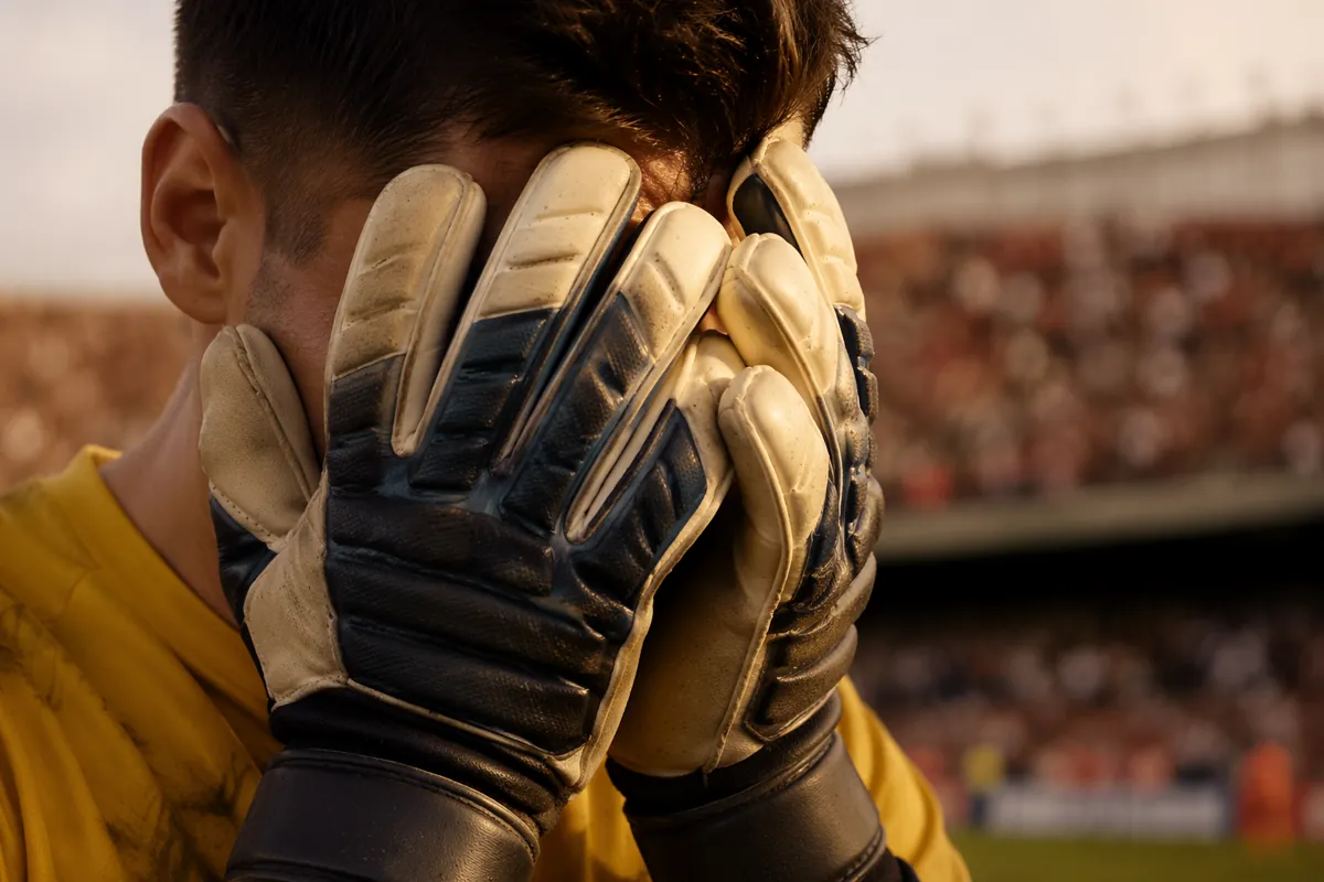 Close-up shot of a football goalkeeper's gloved hands covering his face, tears visible thr