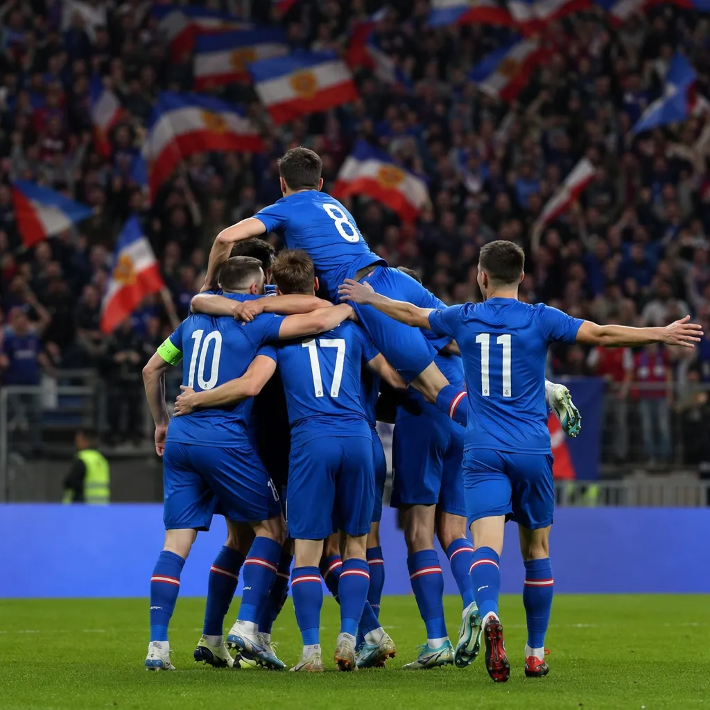 Wide shot of a small nation's national football team celebrating on the pitch, p
