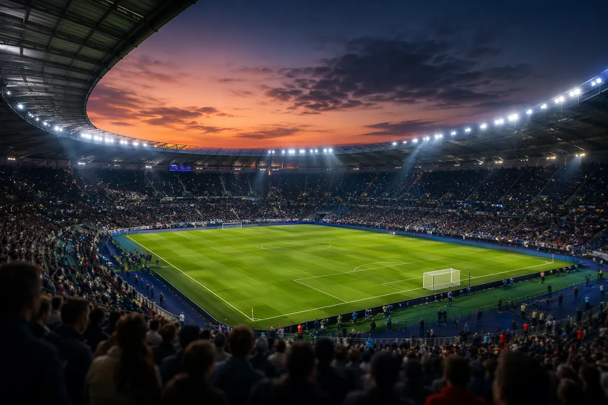 Wide shot of a modern football stadium at dusk, bright stadium lights on, blurred crowd of