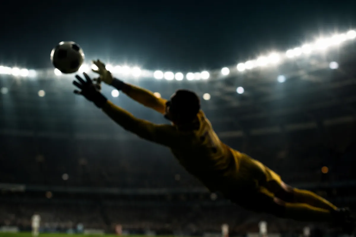 Professional sports editorial photo, blurred silhouette of a football goalkeeper in yellow