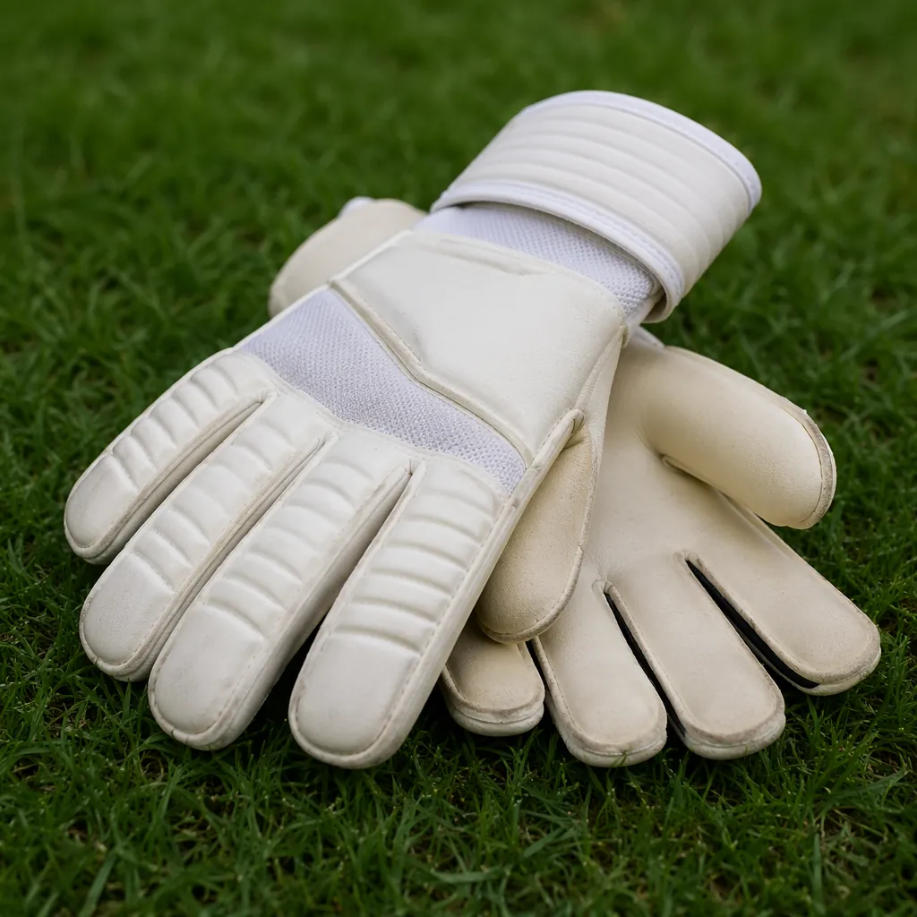 Close up of a pair of goalkeeper gloves resting on a football pitch, green grass