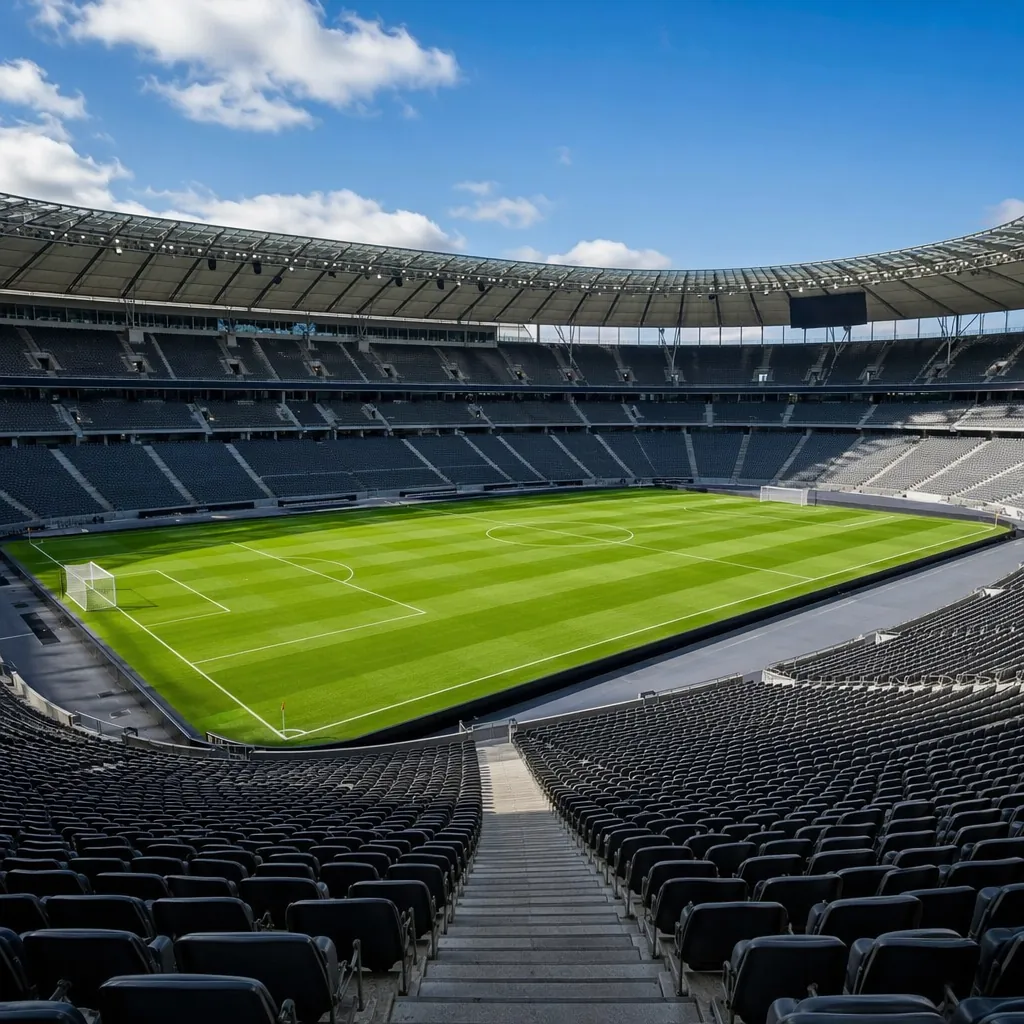 A wide shot of a modern, large-capacity football stadium interior with empty sea