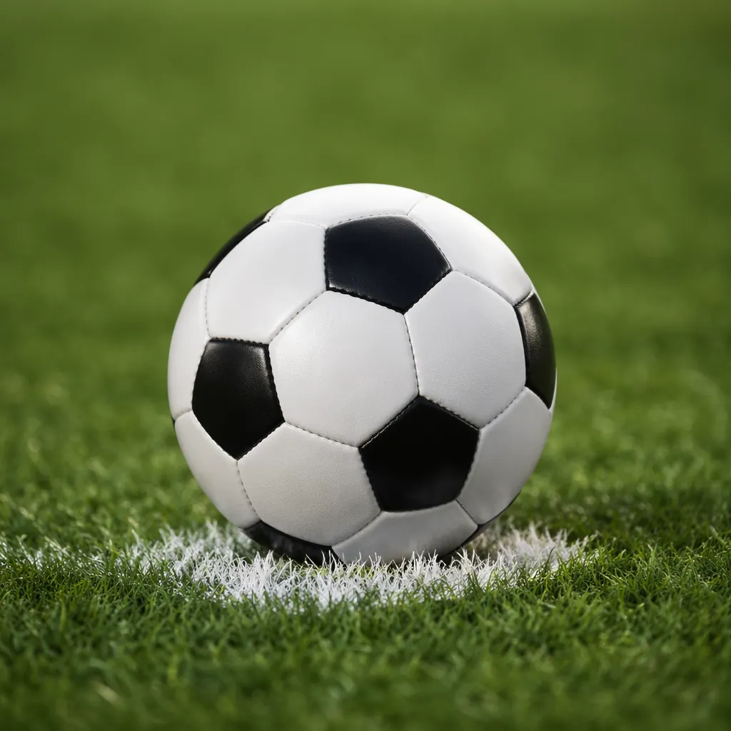 Close up of a football placed on the 12-yard penalty mark, soft stadium lighting