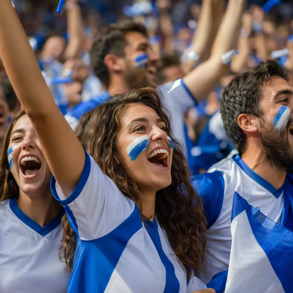 World Cup fan atmosphere scene, group of fans wearing generic blue and white jer