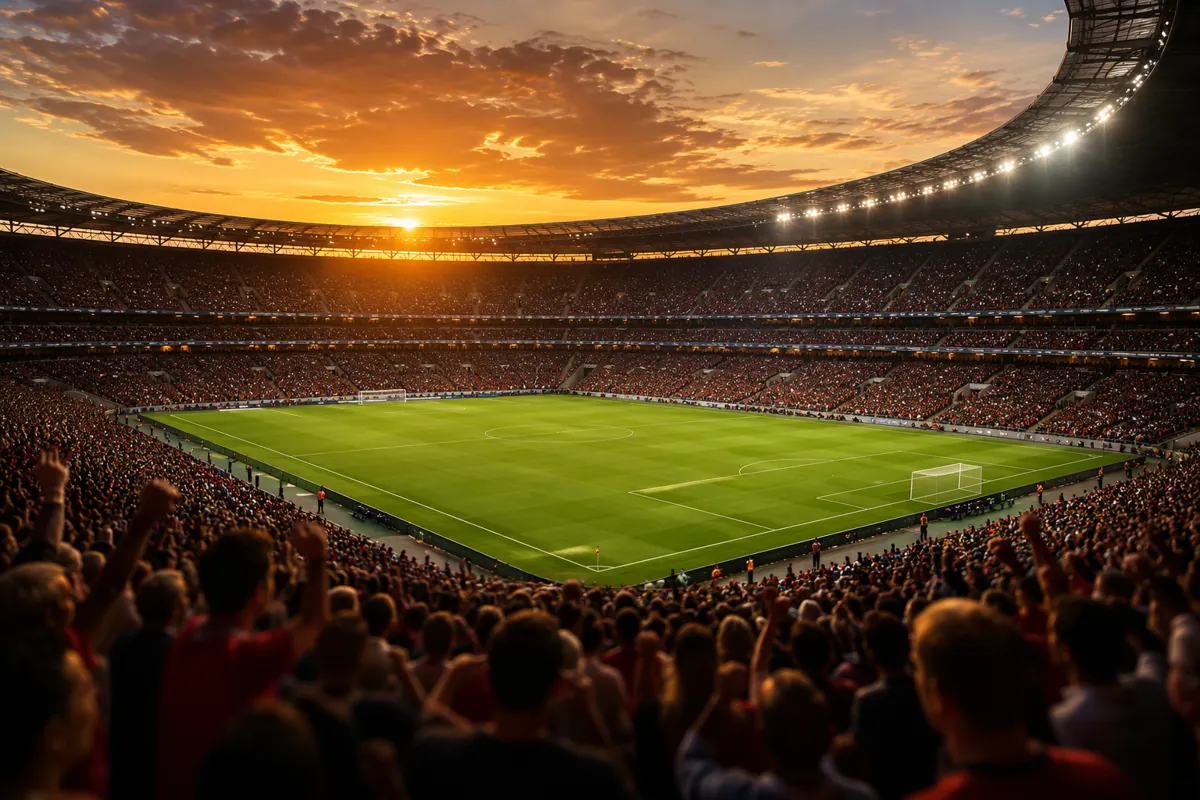 Wide shot of a professional football stadium at dusk, green pitch in the center, blurred c
