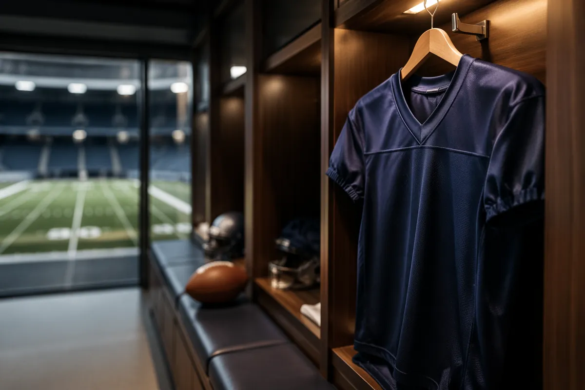 Professional sports news header image, dark blue football jersey hanging in a modern stadi