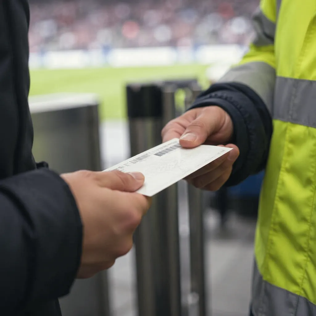 Close up of a football match ticket being checked by a stadium staff, no visible