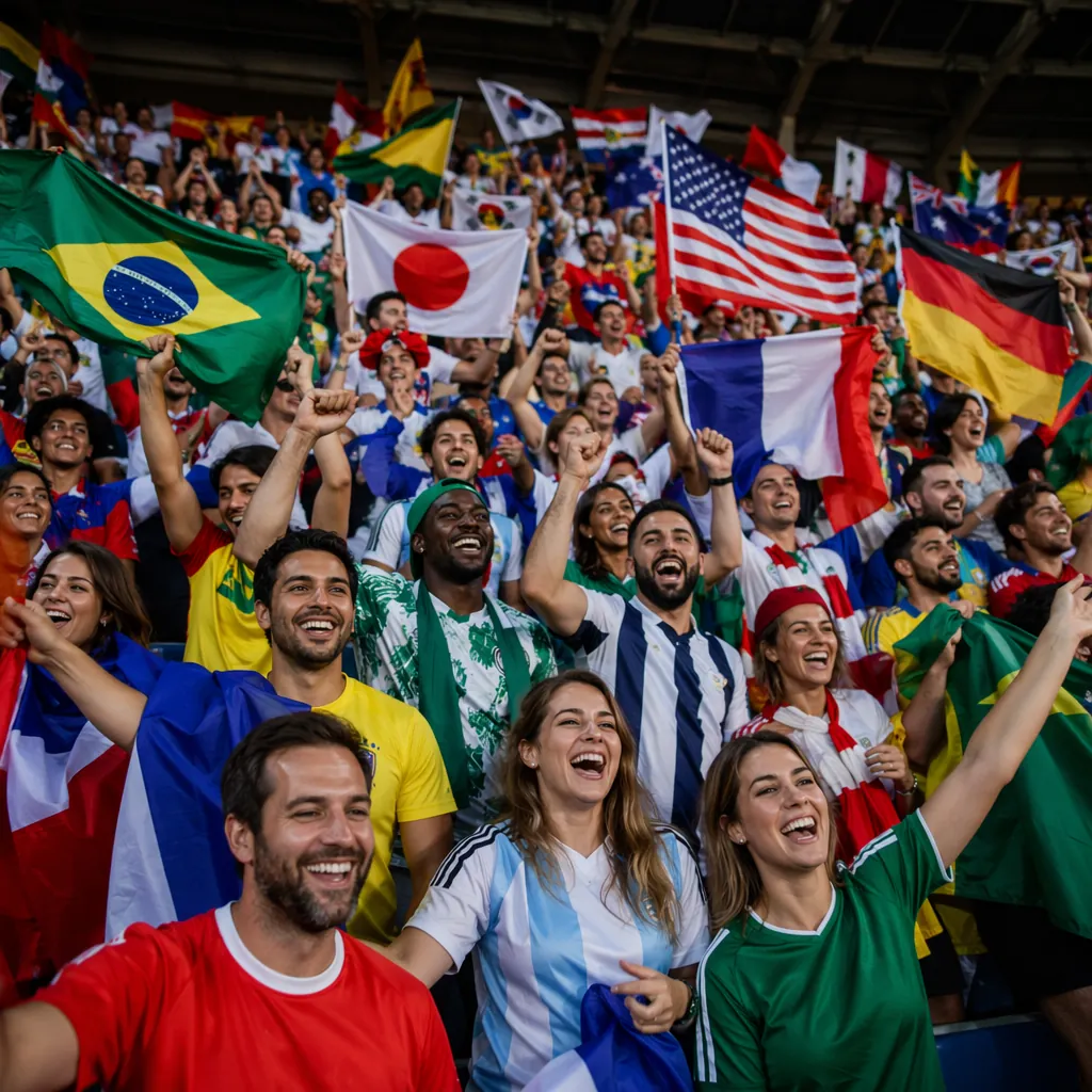 Wide shot of diverse soccer fans celebrating in the stadium stands, waving color