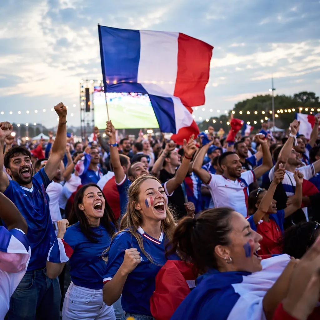 Wide shot of football fans celebrating in a public viewing area, people wearing