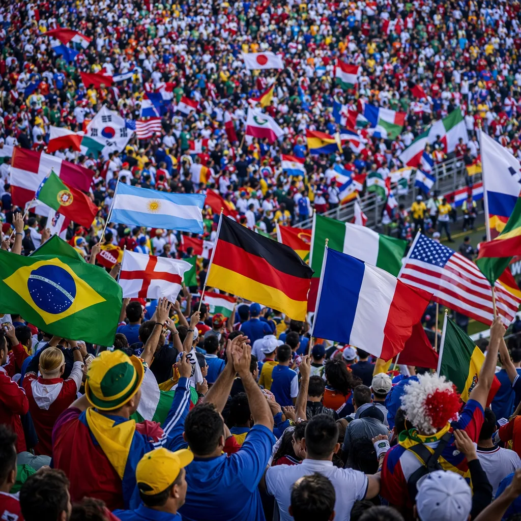 Wide shot of diverse football fans waving national flags in stadium stands, vibr