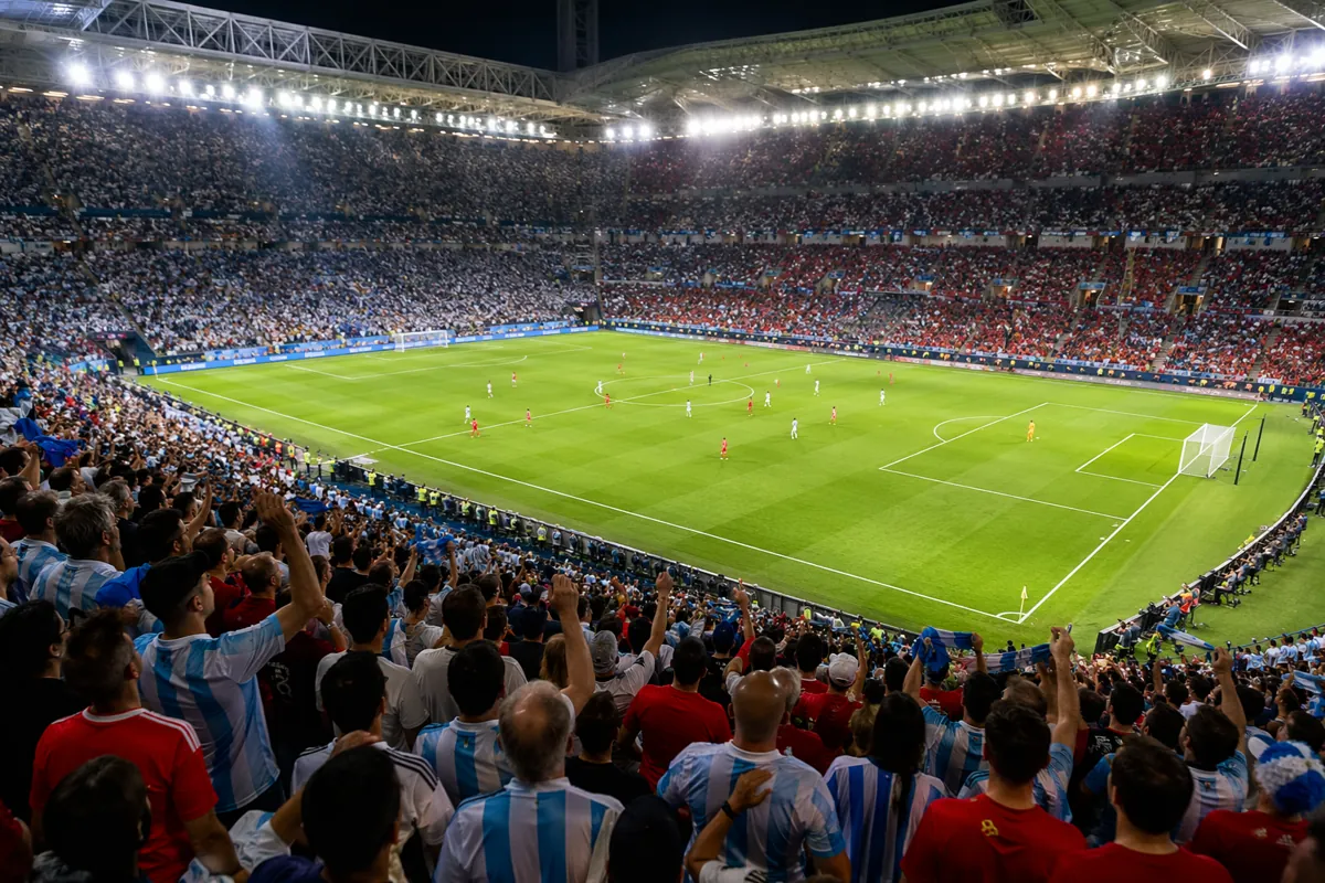 Wide shot of a packed professional football stadium during an international match, bright