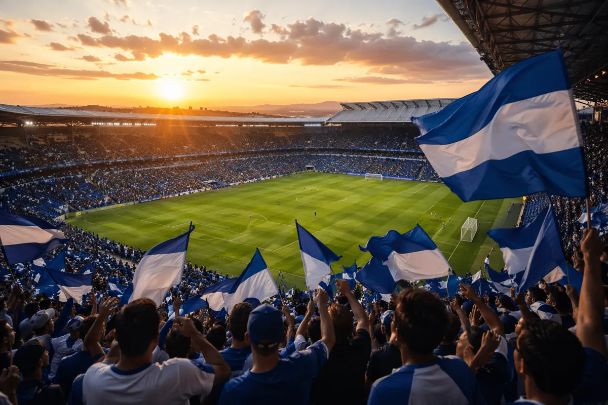 Sunset over a modern football stadium, fans in blue and white jerseys waving generic flags