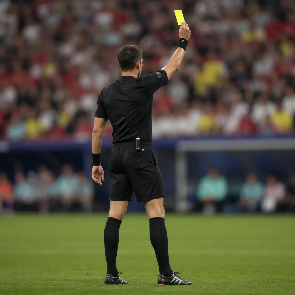 World Cup referee in black uniform standing on green grass pitch, holding a yell