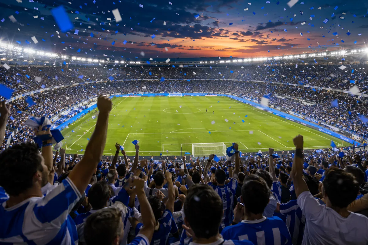 Wide shot of a vibrant soccer stadium at dusk, packed with cheering fans wearing blue and