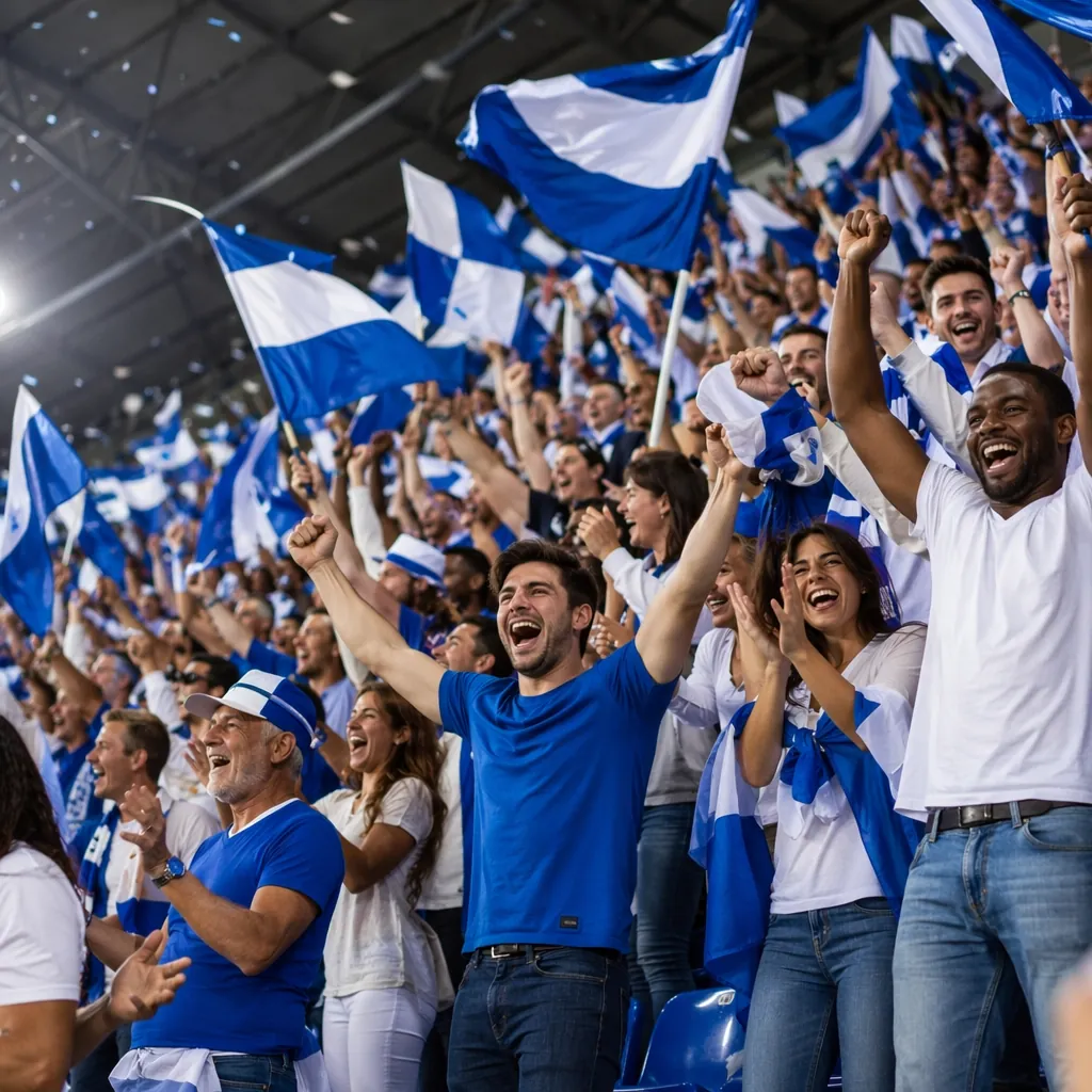 Wide shot of a group of soccer fans celebrating in the stands, waving blue and w