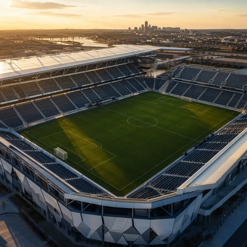 Aerial view of a modern football stadium in North America, golden hour light, em