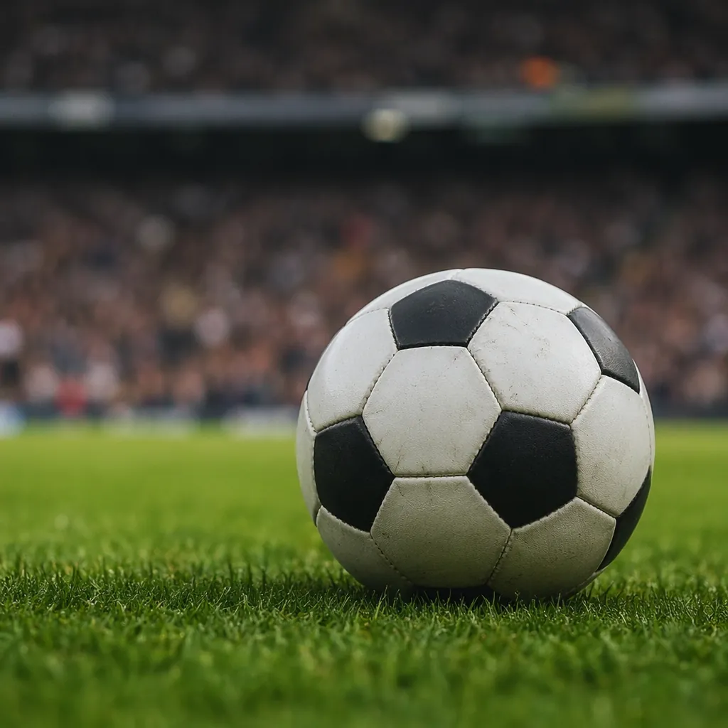 Close up shot of a football on a well-maintained green grass pitch, with blurred