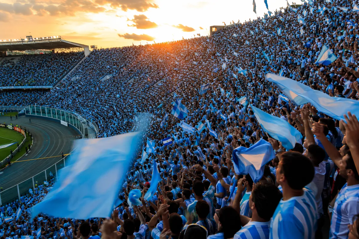 Wide shot of a packed football stadium full of fans wearing light blue and white striped j