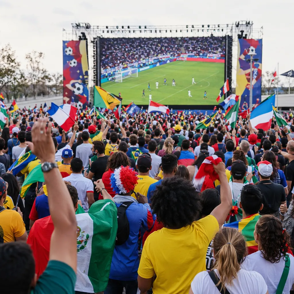 Crowded official World Cup fan zone with diverse fans cheering, large outdoor sc