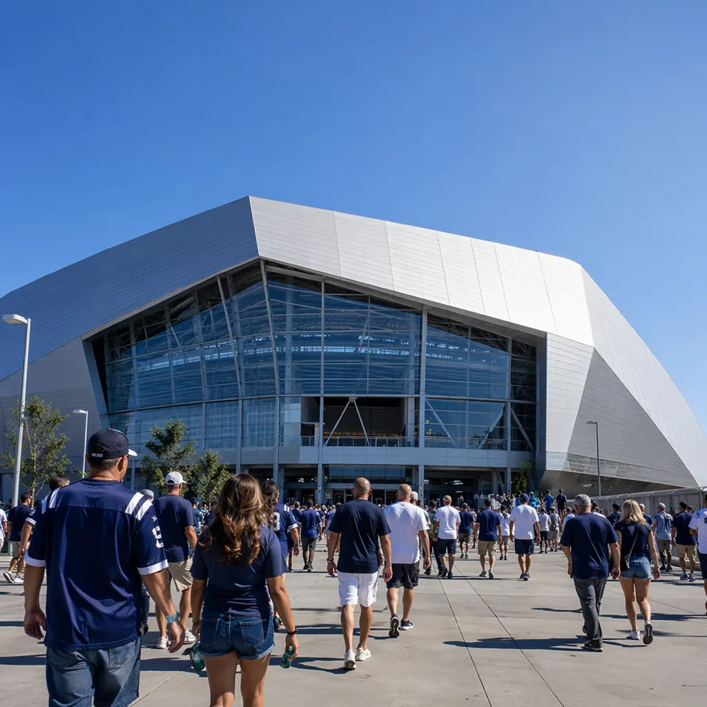 Exterior of a modern football stadium in the US, groups of fans walking towards