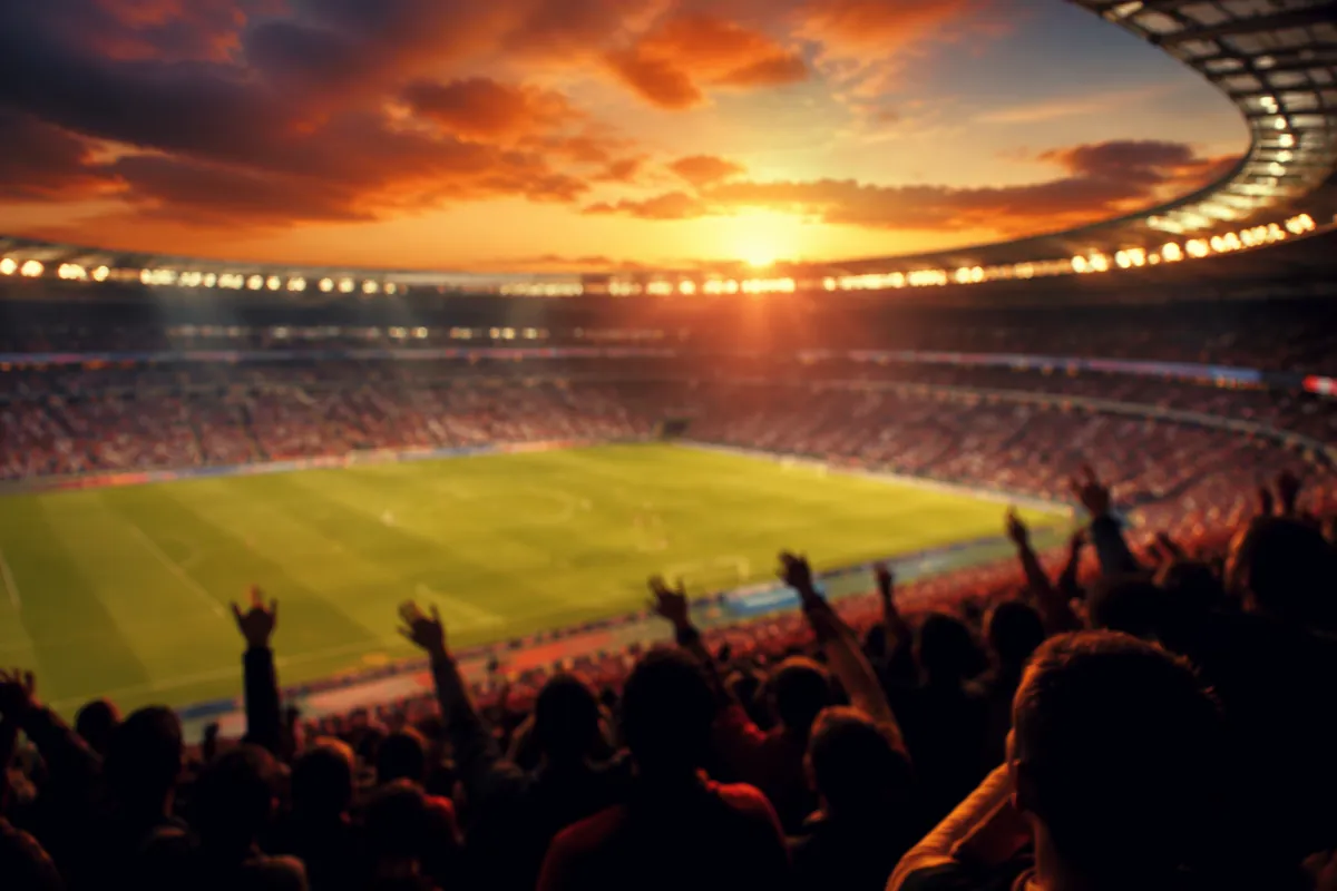 Editorial news header image, blurred background of a modern football stadium at dusk with