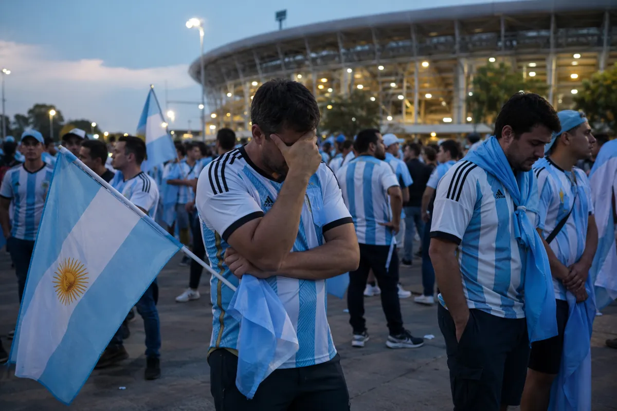 Sad Argentina football fans wearing blue and white jerseys gathering outside a modern stad