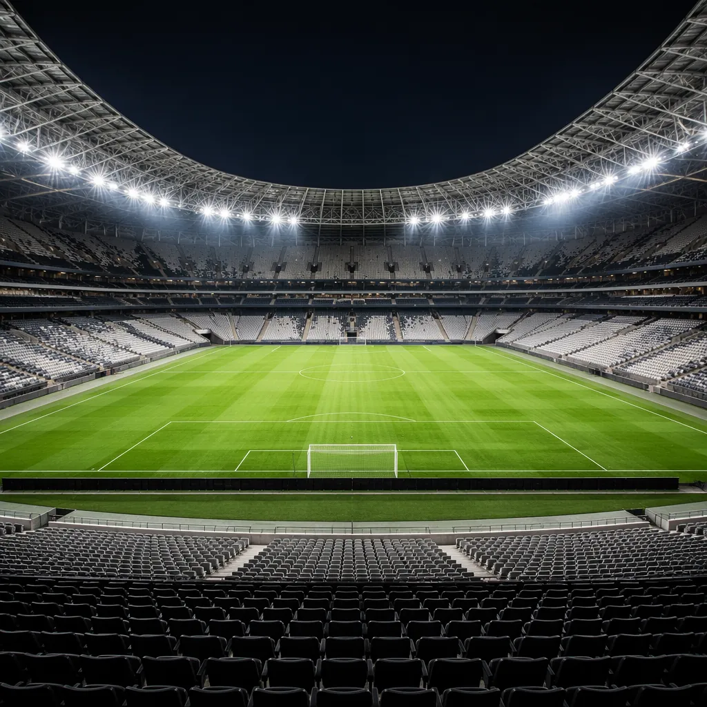 Empty world cup level football stadium with green pitch and bright floodlights,