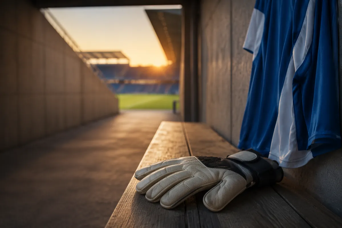 Professional sports news header image, blurred football stadium tunnel with warm sunset li