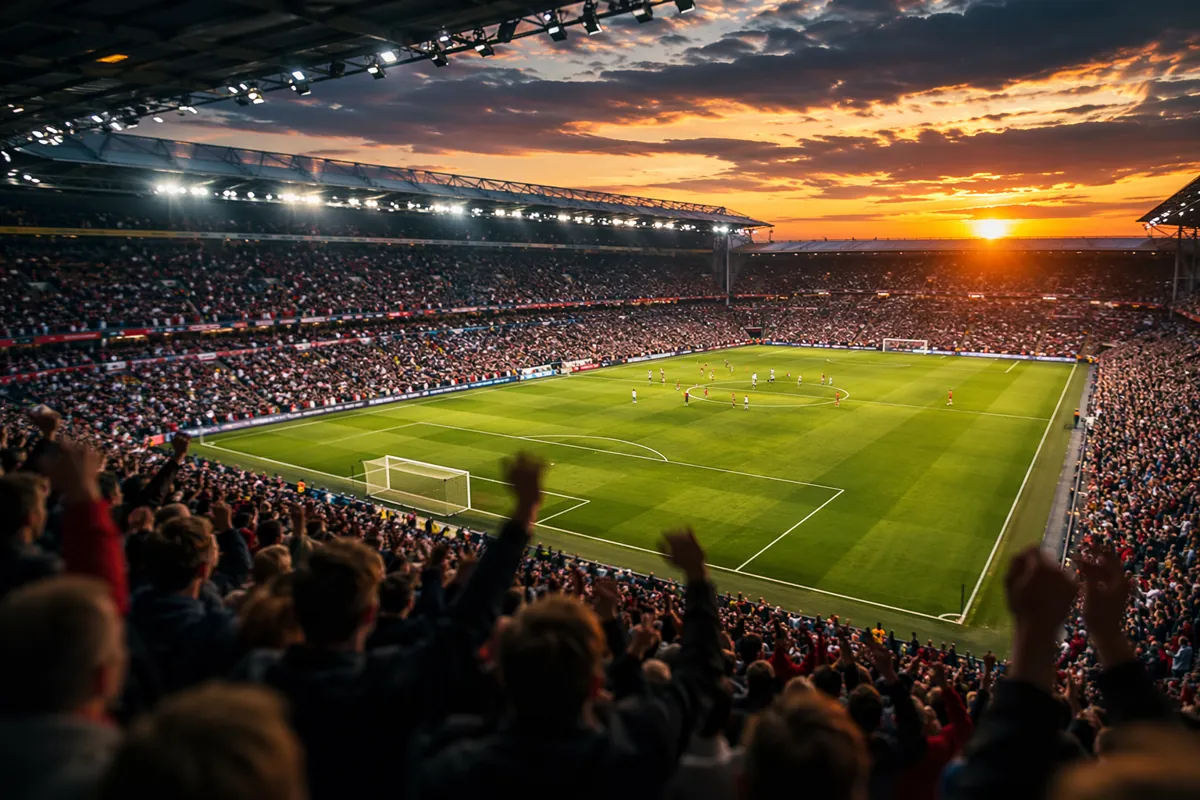 Wide shot of a generic professional football stadium at dusk, golden light falling on the